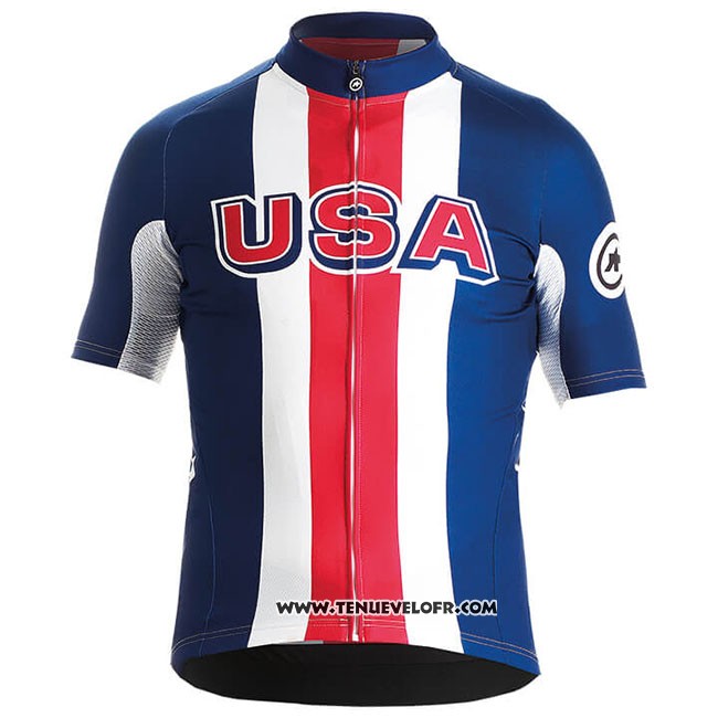 2018 Maillot Ciclismo USA Bleu Rouge Blanc Manches Courtes et Cuissard